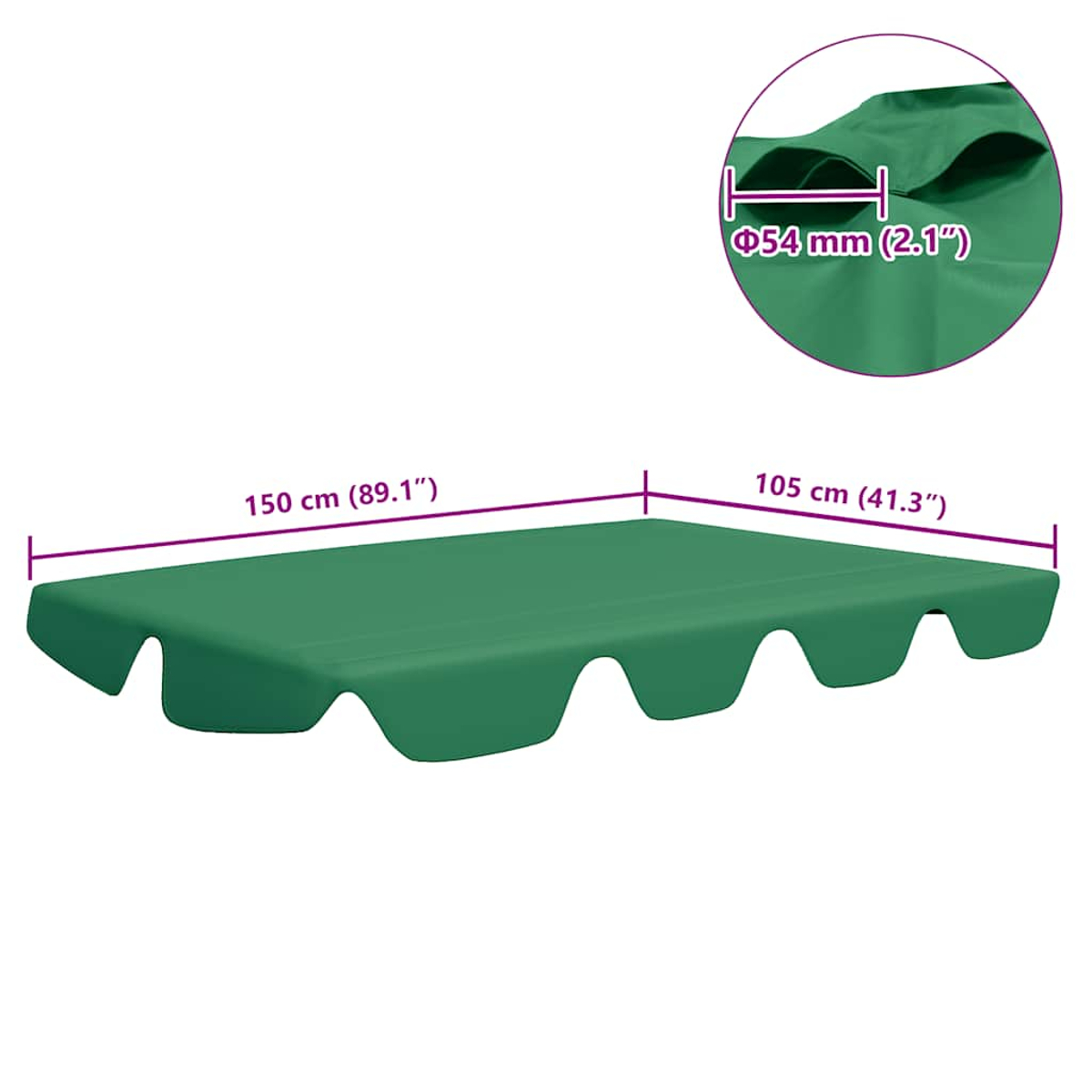 Una tettoia verde per altalena con dimensioni: 150 cm, 105 cm e un primo piano che mostra un dettaglio di 54 mm.