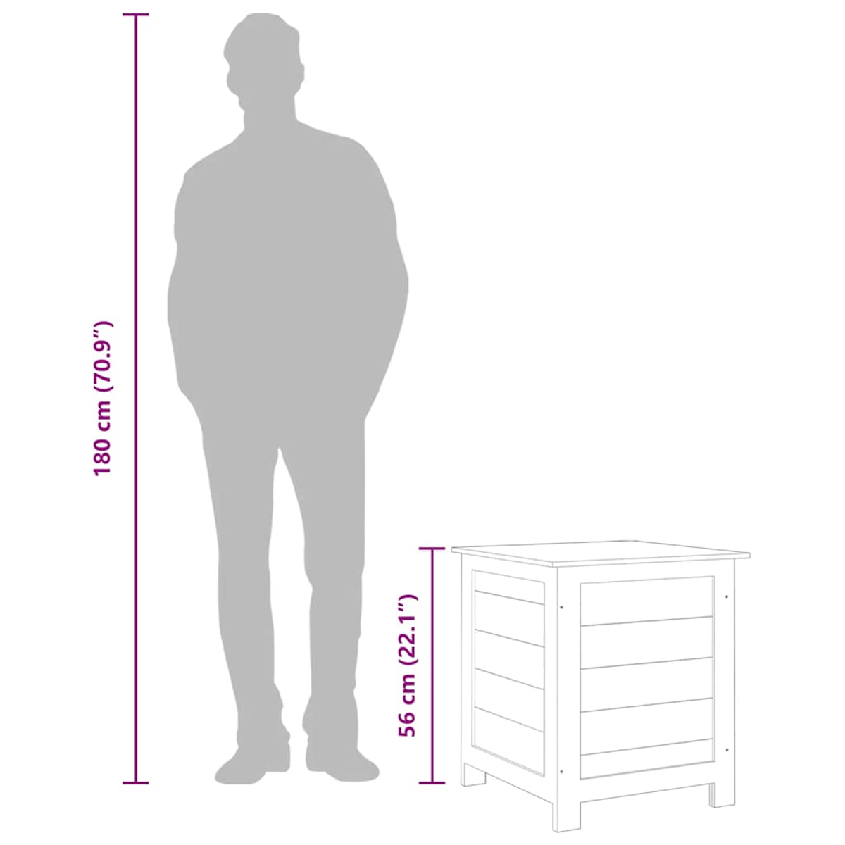 Eine Silhouette einer Person steht neben einem quadratischen Holzpflanzgefäß. Maße: 180 cm Höhe, Pflanzgefäß 56 cm Höhe.
