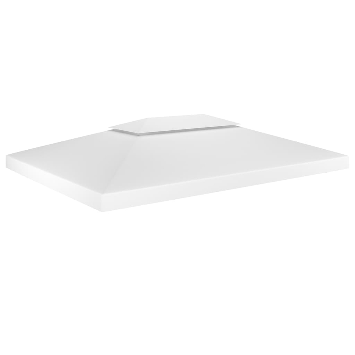 Un techo de gazebo blanco y rectangular. Tiene una parte superior plana con una sección rectangular más pequeña y elevada.