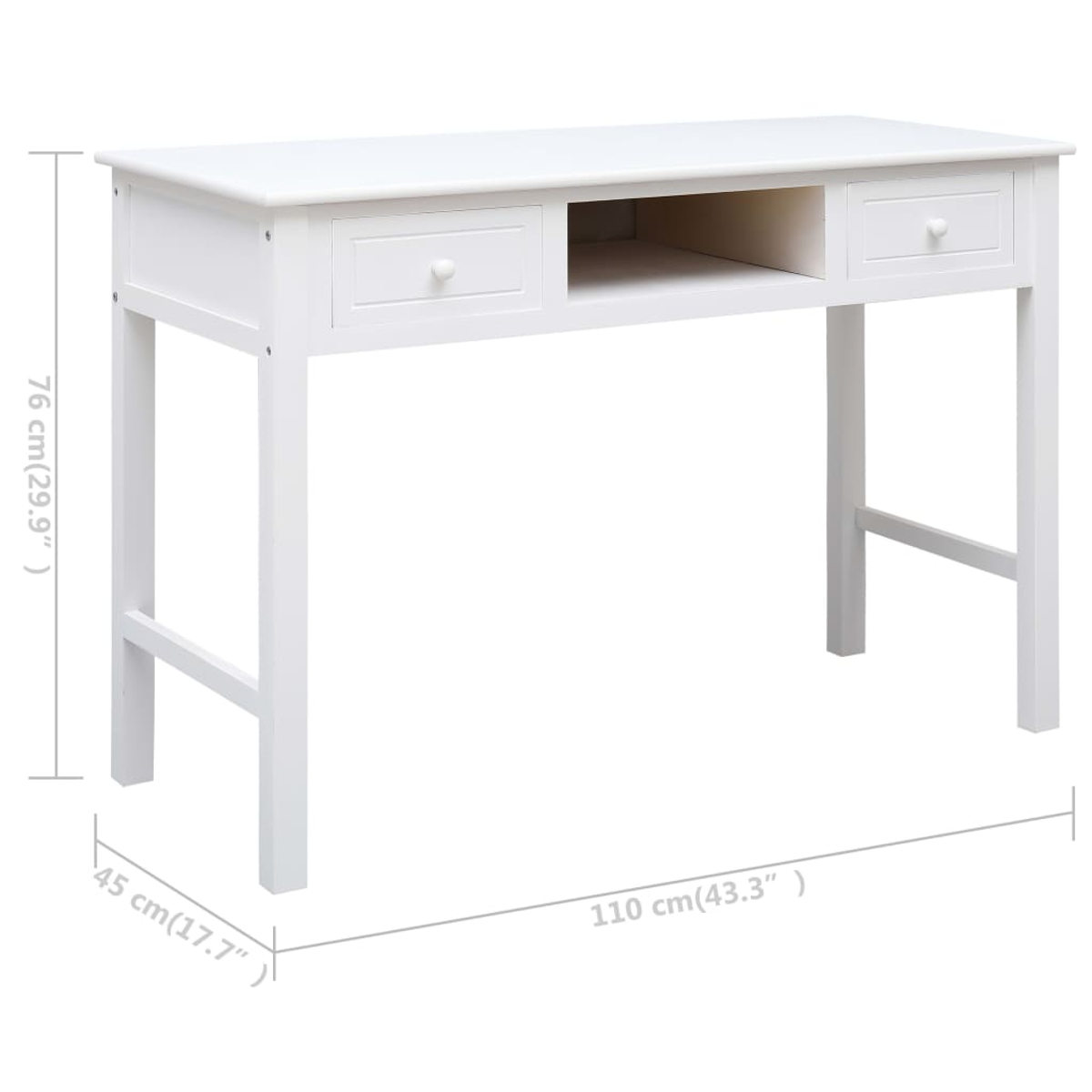 Ein weißer Holzschreibtisch mit zwei Schubladen, einem zentralen offenen Fach und vier Beinen. Abmessungen sind angegeben.