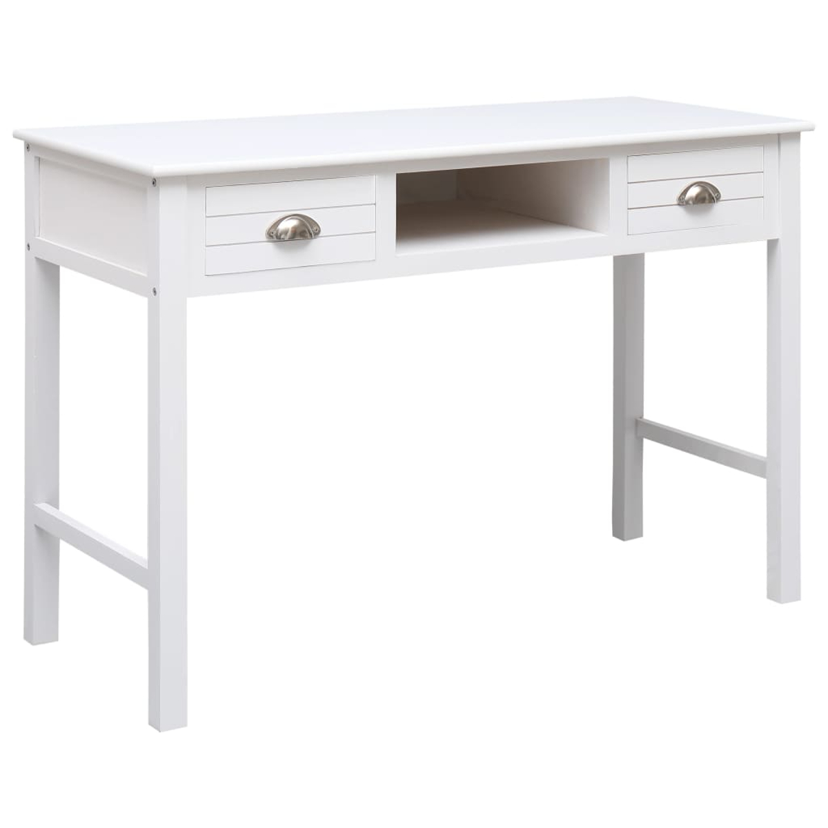 Ein weißer Holzschreibtisch mit zwei Schubladen und einem Regal. Die Schubladen haben silberne Griffe. Der Schreibtisch steht vor weißem Hintergrund.