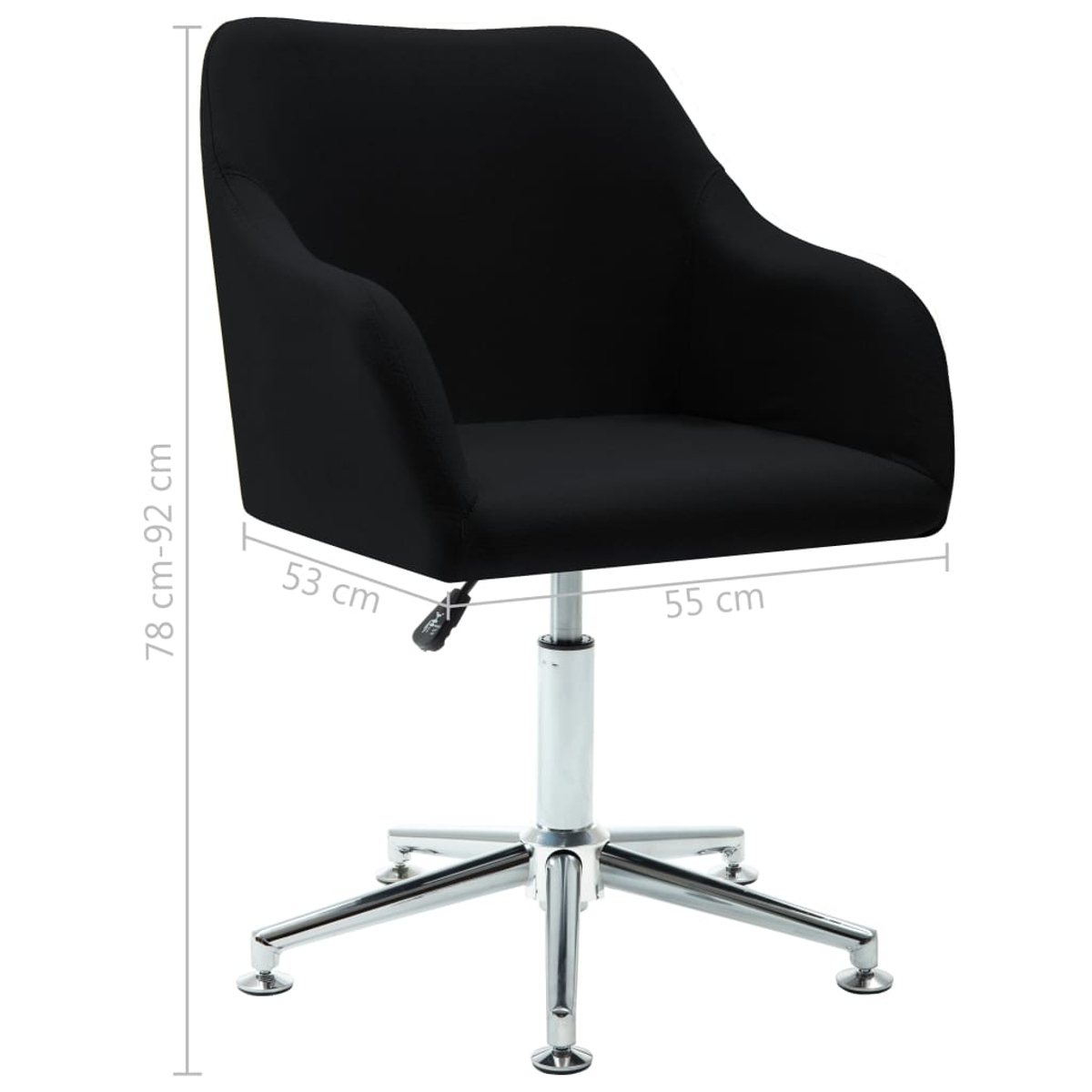 Schwarzer Bürostuhl mit Chromfuß. Maße: 78-92 cm hoch, 53 cm breit und 55 cm tief.