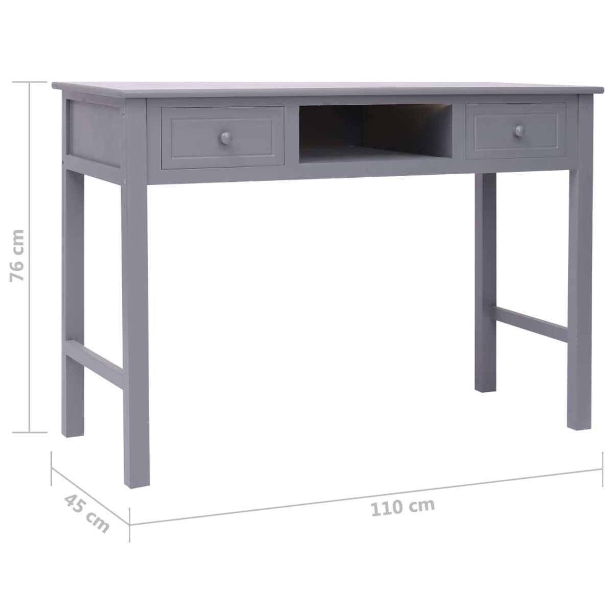 Ein grauer Holzschreibtisch mit zwei Schubladen und einem offenen Regal. Abmessungen sind beschriftet: 76 cm Höhe, 45 cm Tiefe und 110 cm Breite.