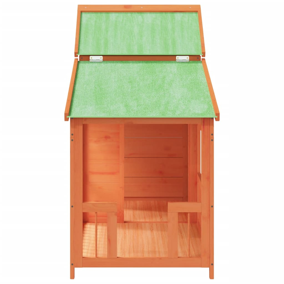 Ein hölzernes Spielhaus mit offener Front und grünem Dach. Das Dach ist teilweise geöffnet. Das Holz ist orange-braun.