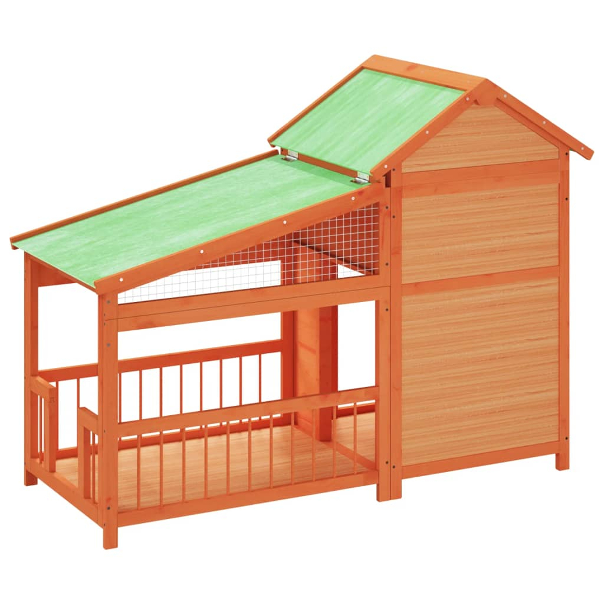 Ein hölzernes Haustierhaus mit orangefarbenem Rahmen, grünem Dach und Drahtgeflecht. Es hat einen Balkon mit Geländer.