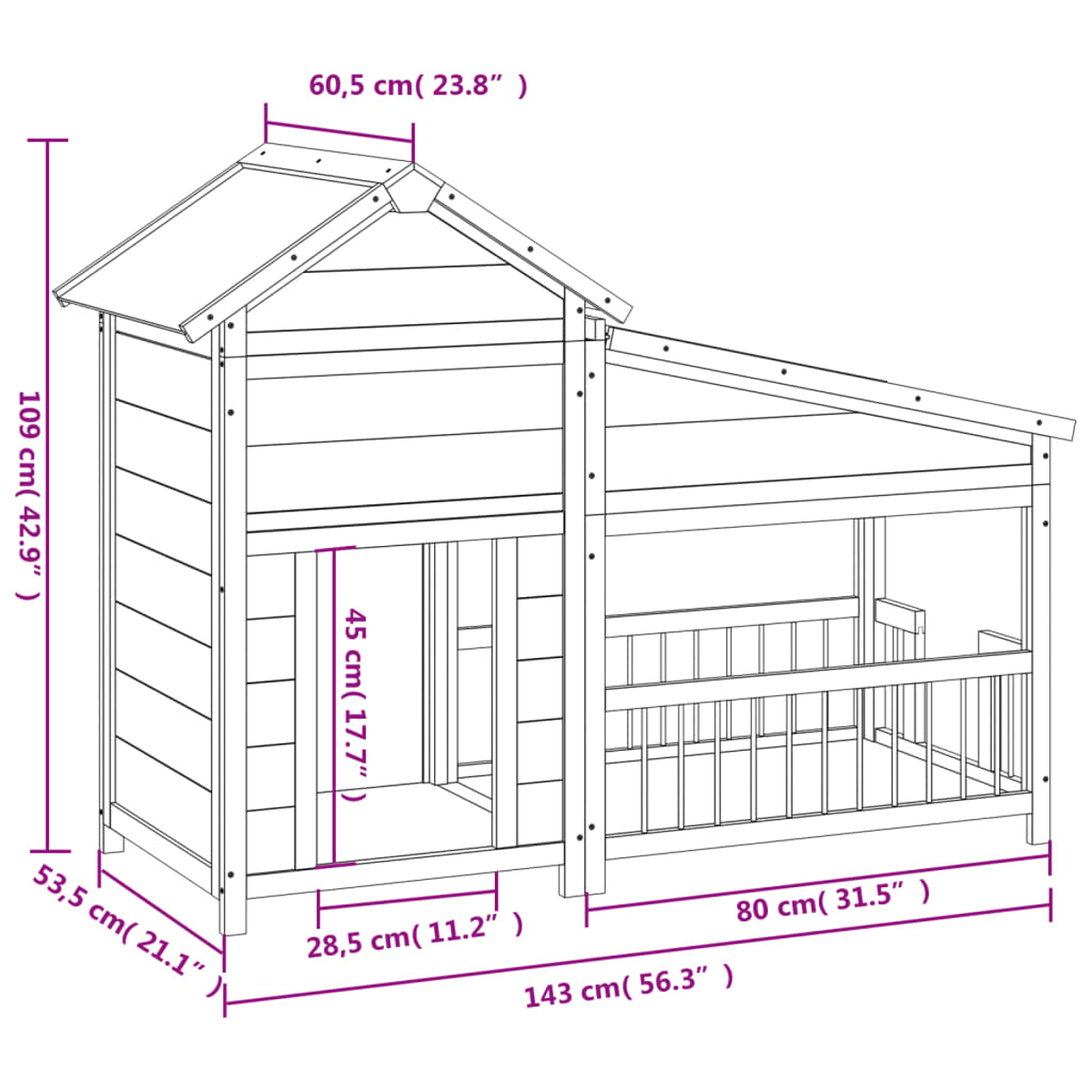 Ein Holzspielhaus mit beschrifteten Abmessungen. Das Haus hat ein Satteldach, einen Balkon mit Geländer und einen offenen unteren Bereich.