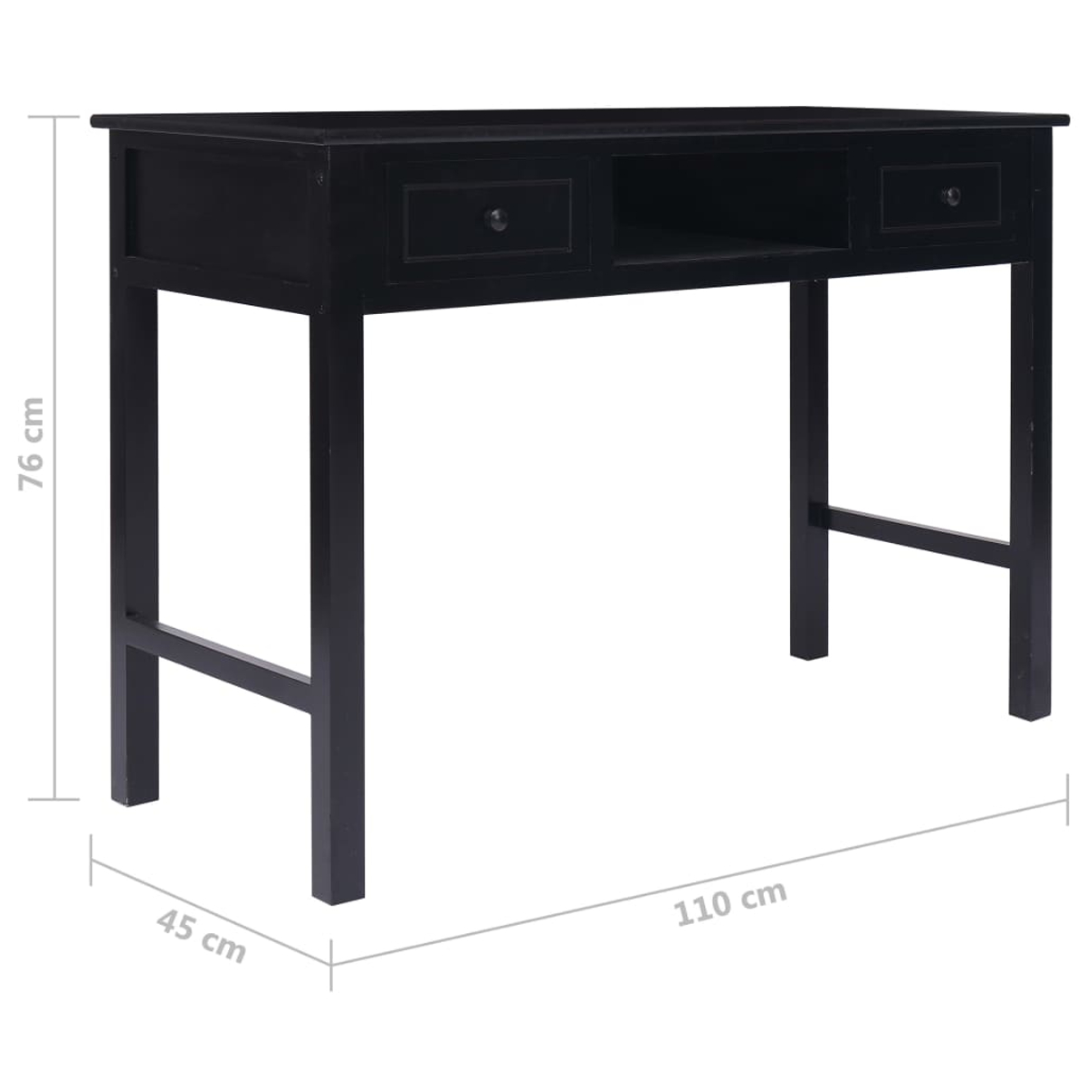 Schwarzer Holzschreibtisch. Er hat zwei Schubladen, ein offenes Regal und vier Beine. Abmessungen: 76 cm hoch, 45 cm tief, 110 cm breit.