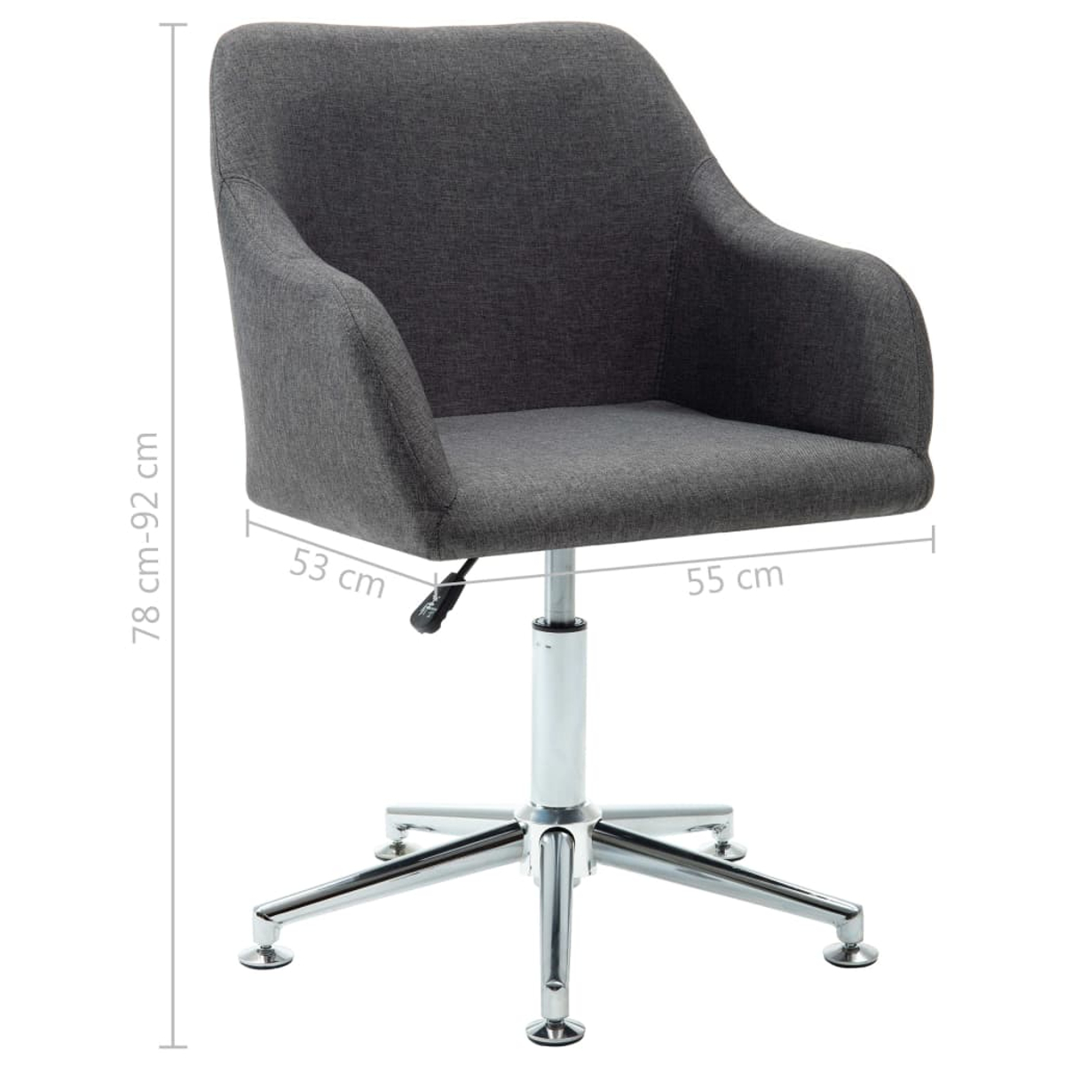 Ein grauer Bürostuhl mit Armlehnen. Er hat ein verchromtes Gestell und die Maße 78-92 cm Höhe, 53 cm Breite und 55 cm Tiefe.