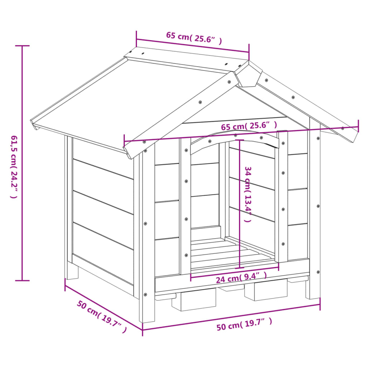 Eine schematische Zeichnung eines hölzernen Hundehütten mit Abmessungen in Zentimetern und Zoll.