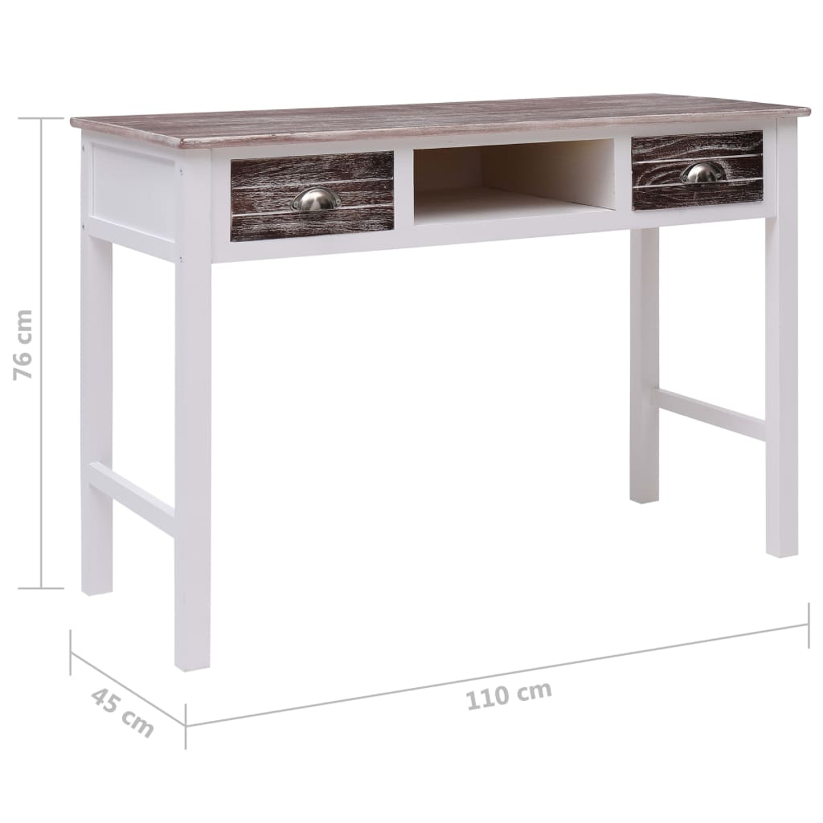 Holzschreibtisch mit weißen Beinen und brauner Platte. Er hat zwei Schubladen und ein offenes Regal. Maße: 110x45x76 cm.