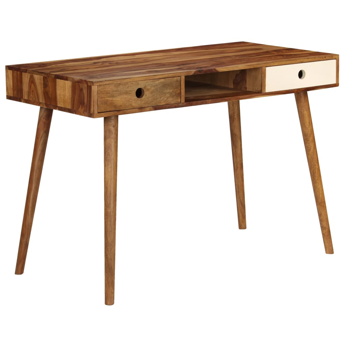 Holzschreibtisch mit brauner Oberfläche, zwei Schubladen und vier angewinkelten Beinen. Eine Schublade ist weiß, die andere braun.