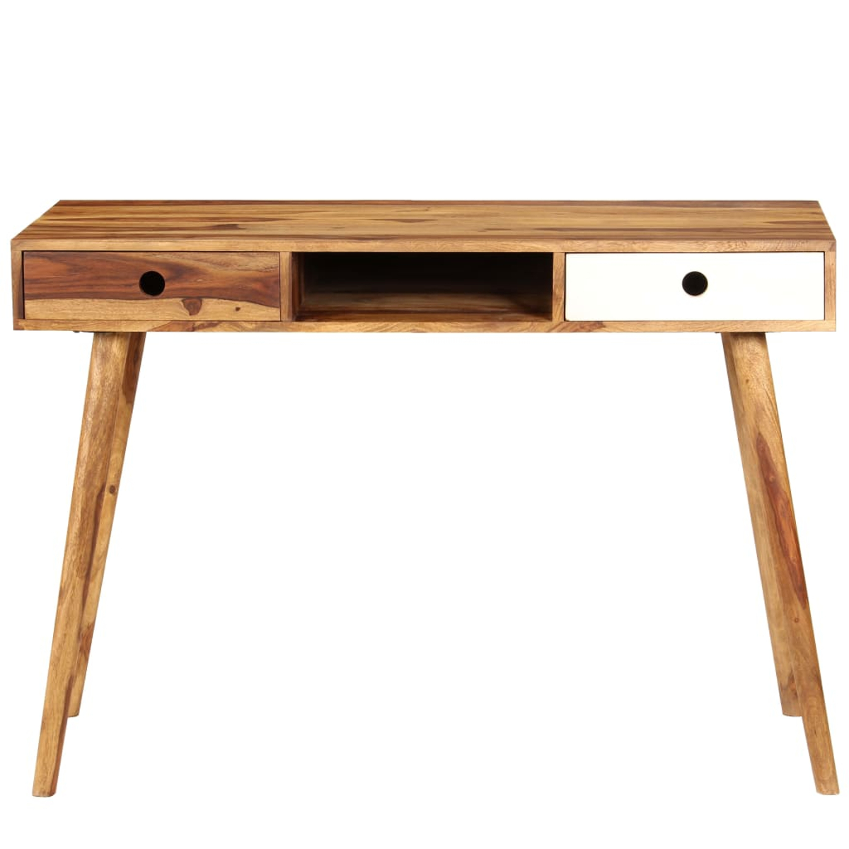 Ein hölzerner Schreibtisch mit zwei Schubladen und einem mittleren Regal. Eine Schublade ist aus Holz, die andere weiß. Er hat vier abgewinkelte Beine.