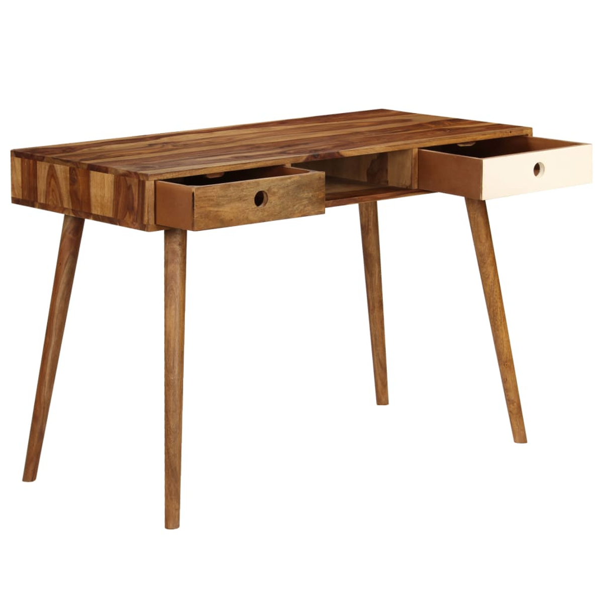 Ein Holzschreibtisch mit zwei offenen Schubladen, eine beige und eine aus Holz. Er hat vier abgewinkelte Beine und eine Holzplatte.