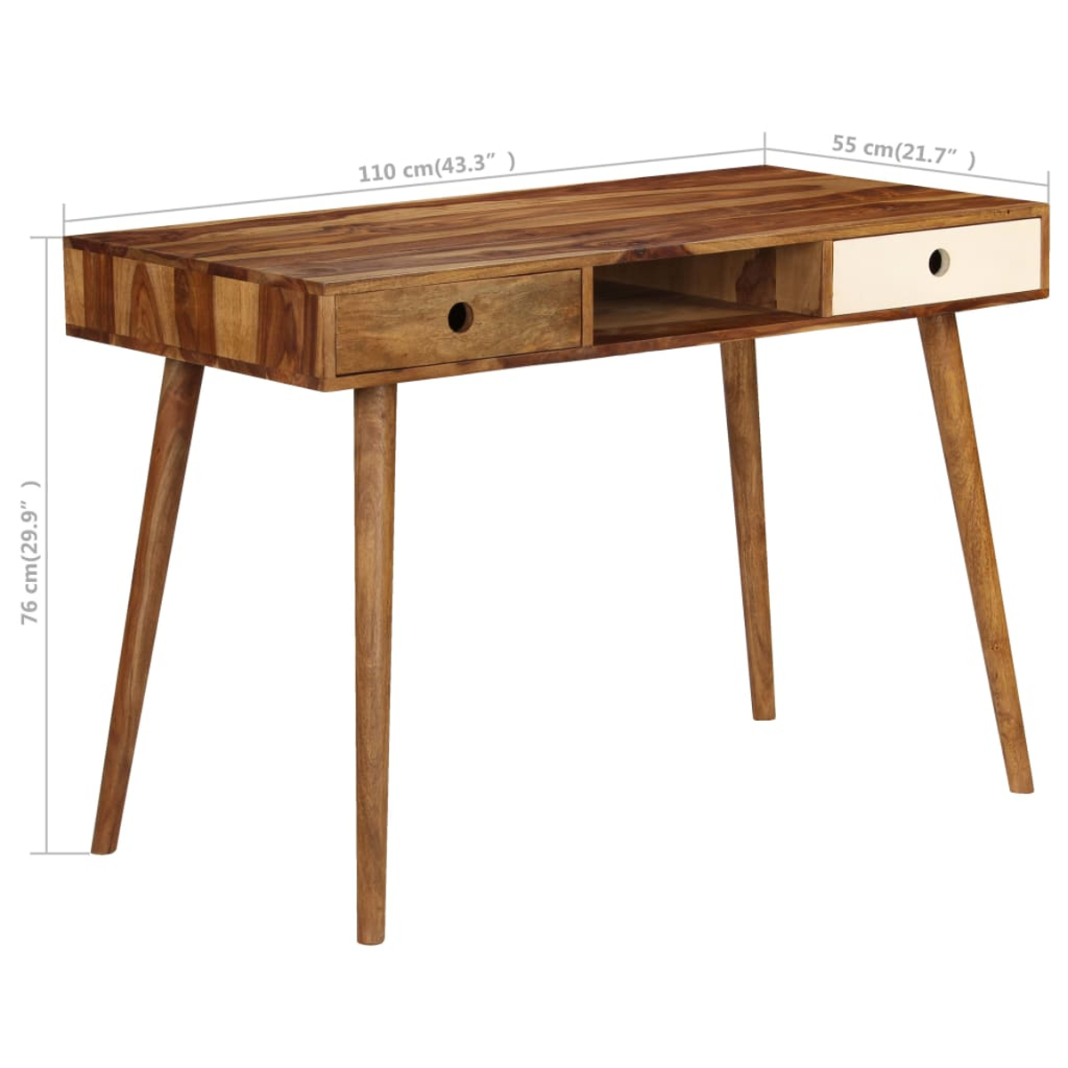 Ein Holzschreibtisch mit zwei Schubladen und einem Regal. Der Schreibtisch hat vier Beine. Maße sind angegeben.