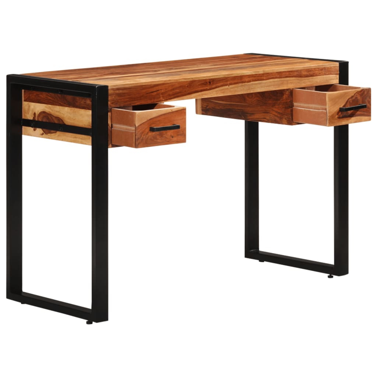 Holzschreibtisch mit schwarzen Metallbeinen. Zwei Schubladen sind sichtbar. Der Schreibtisch hat eine braune Holzoberfläche.