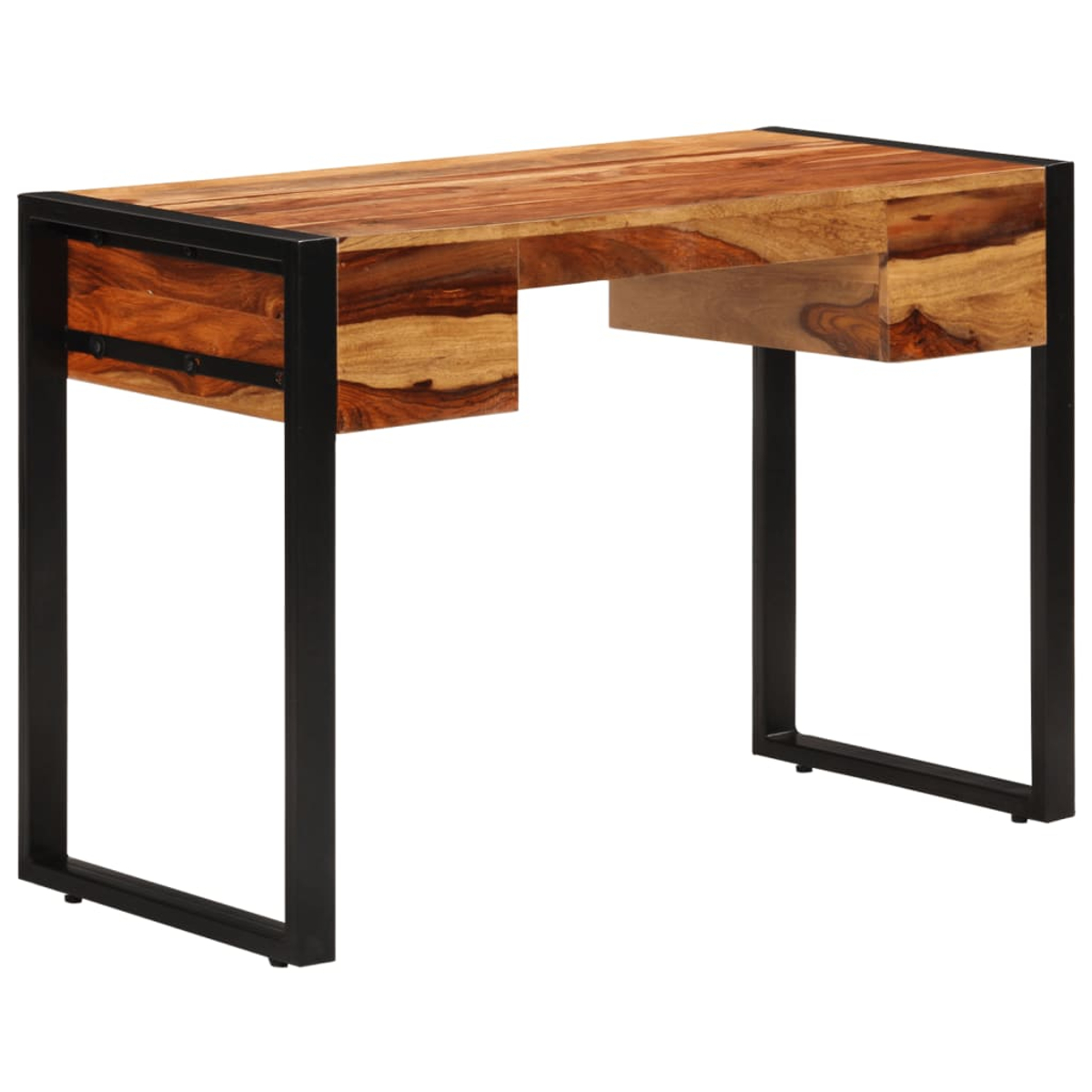 Ein Holzschreibtisch mit Metallrahmen. Der Schreibtisch hat eine natürliche Holzoberfläche und schwarze Metallbeine.