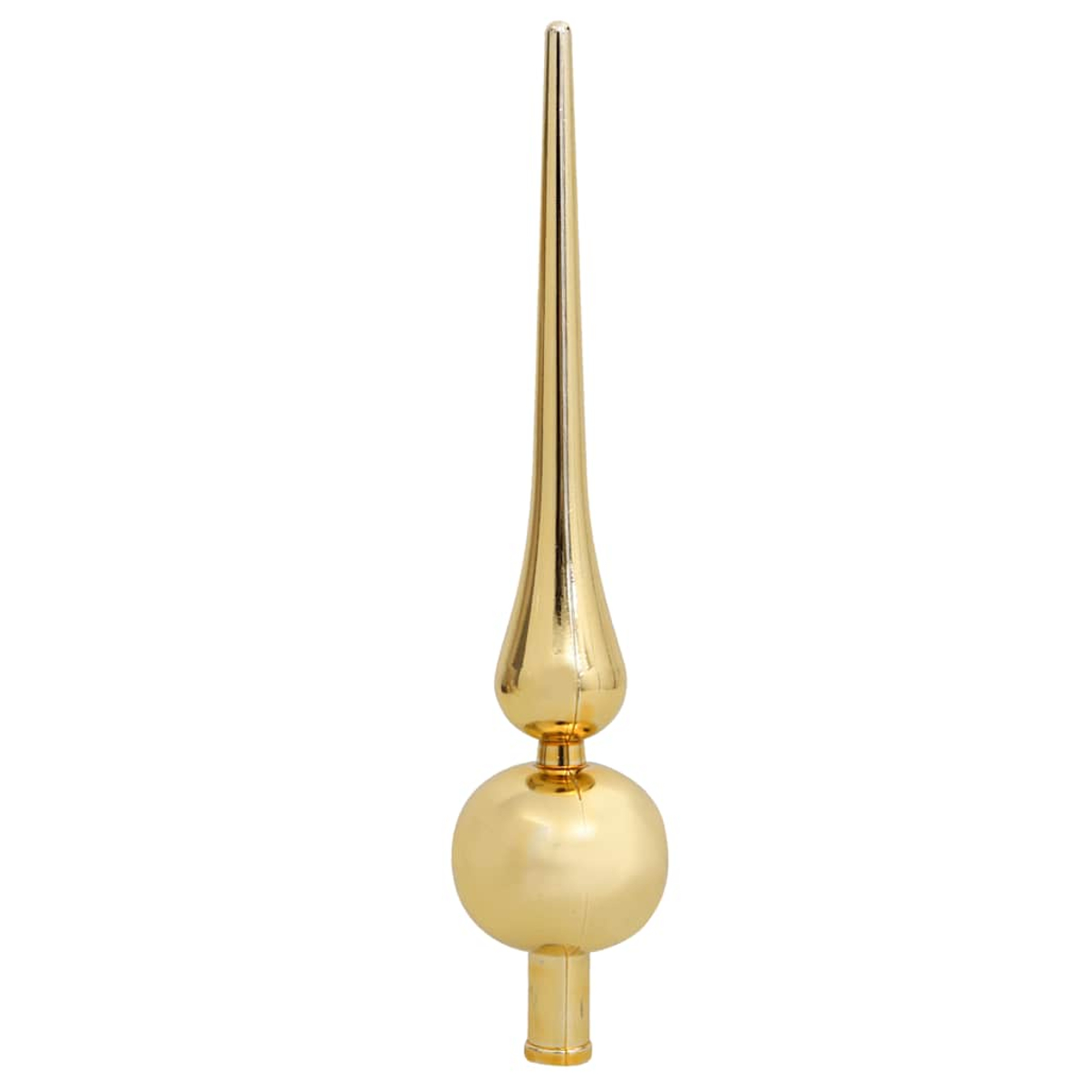 Ein goldener Weihnachtsbaumschmuck. Es hat eine Kugelbasis, eine tropfenförmige Mitte und eine lange, spitze Spitze.