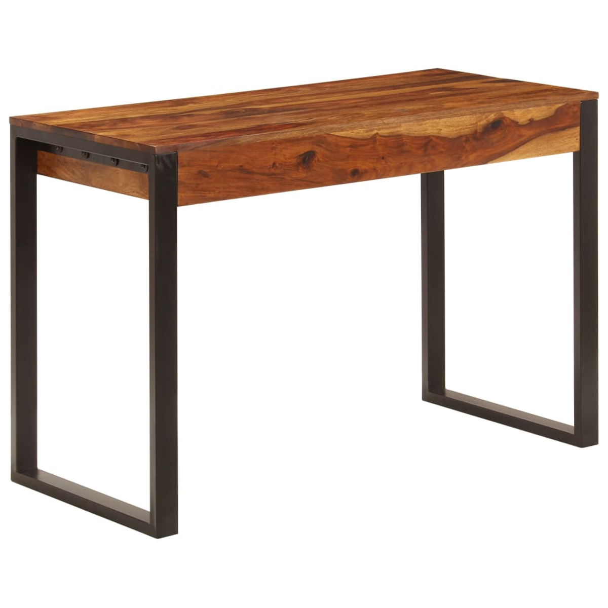 Ein hölzerner Schreibtisch mit rechteckiger Platte und schwarzen Metallbeinen. Das Holz ist braun, die Beine quadratisch.