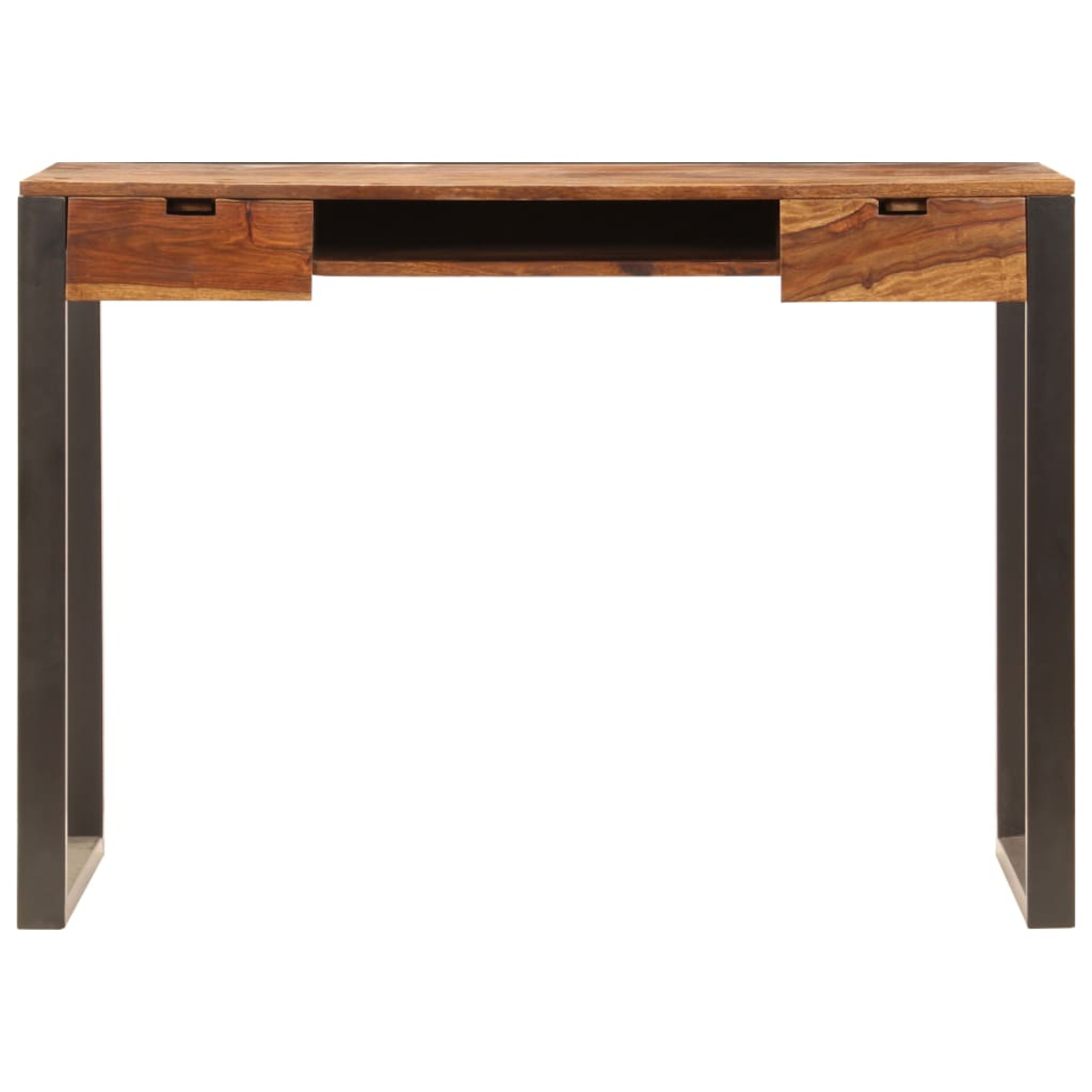 Ein Holzschreibtisch mit zwei Schubladen und einem schwarzen Metallrahmen. Der Hintergrund ist weiß.
