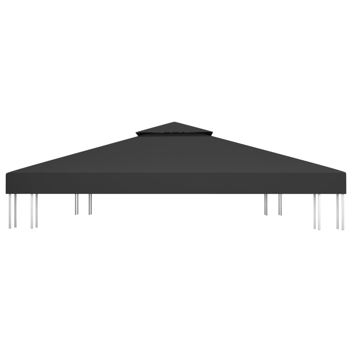 Un tetto di gazebo nero con tetto triangolare. I supporti sono pali argentati. Lo sfondo è bianco.