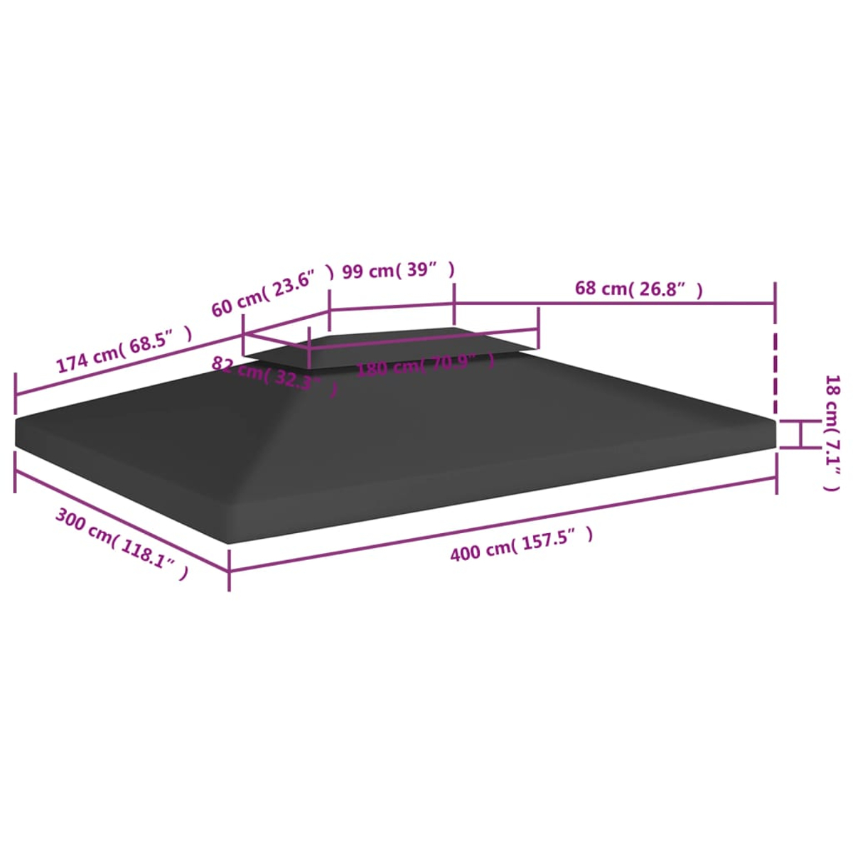Una tettoia rettangolare grigio scuro con etichette delle dimensioni in cm. La sezione superiore è più piccola. Le misure sono visualizzate sull'immagine.