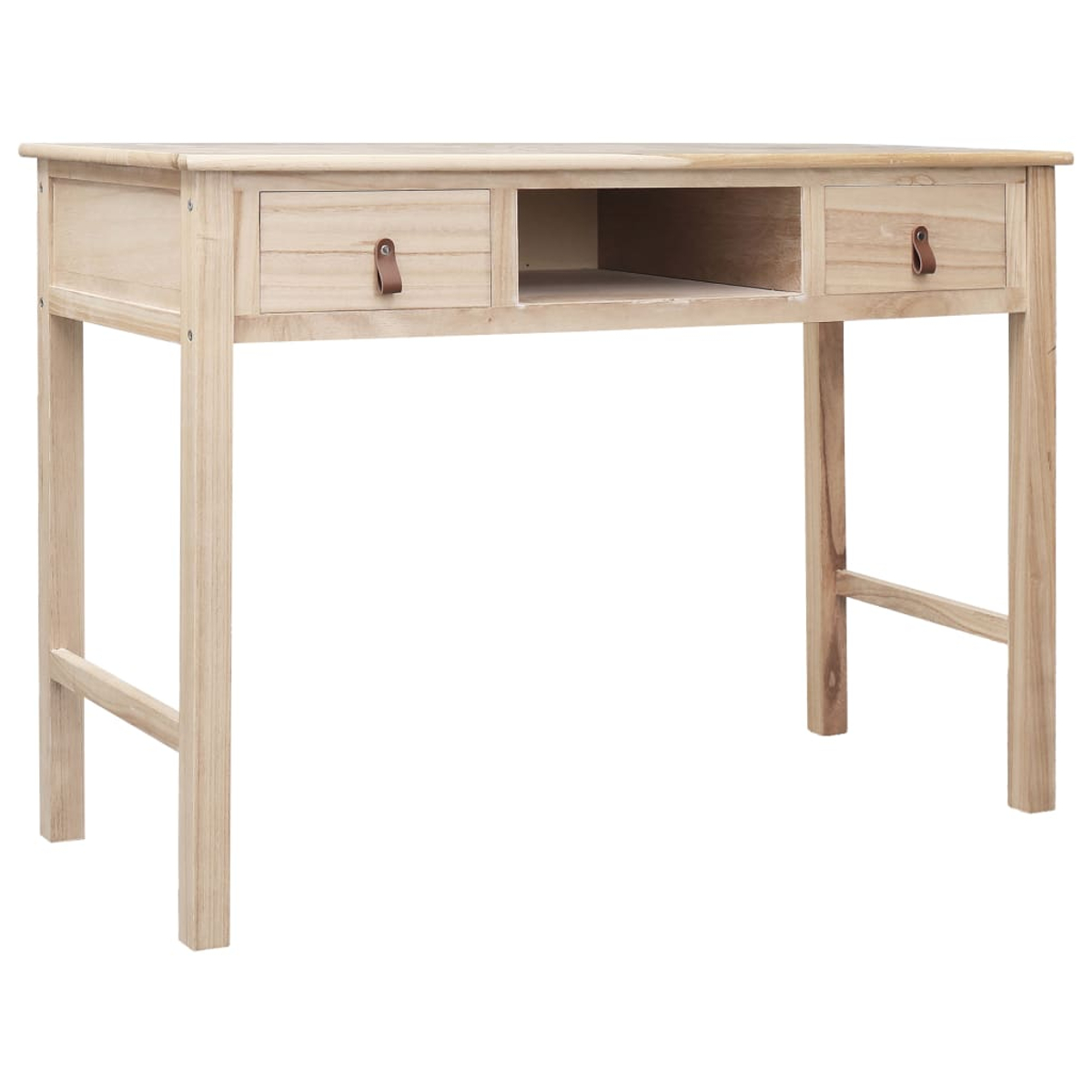 Ein helles Holzschreibtisch mit zwei Schubladen und einem zentralen offenen Regal. Leder-Zuglaschen an den Schubladen. Einfaches, rechteckiges Design. Weißer Hintergrund.