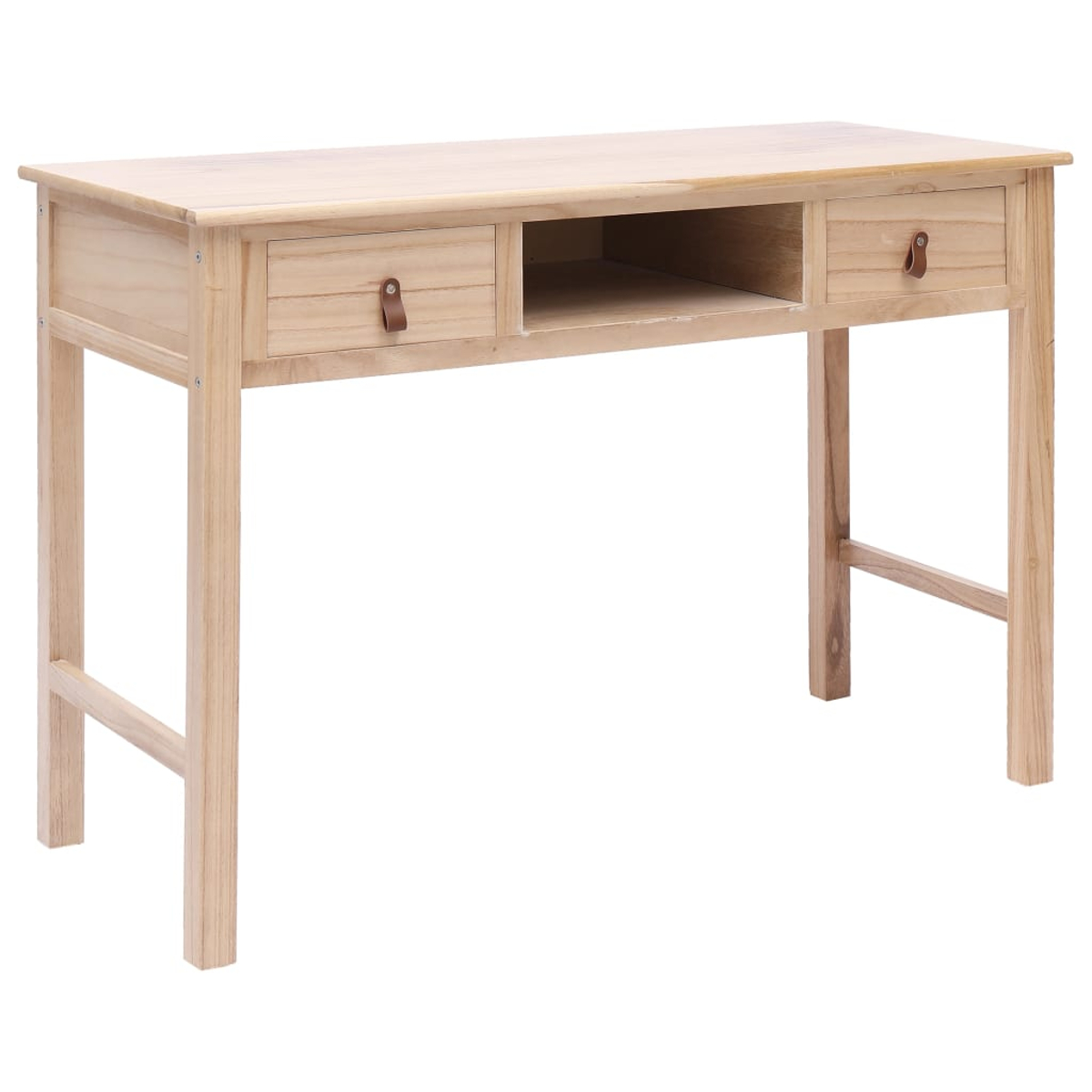 Ein helles Holzschreibtisch mit zwei Schubladen und einem offenen Mittelfach. Ledergriffe und vier Beine. Weißer Hintergrund.