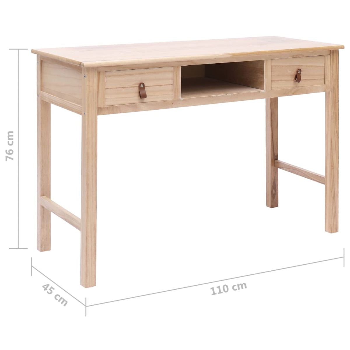Ein heller Holzschreibtisch mit zwei Schubladen und einem Mittelfach. Ledergriffe an den Schubladen. Maße sind angegeben.