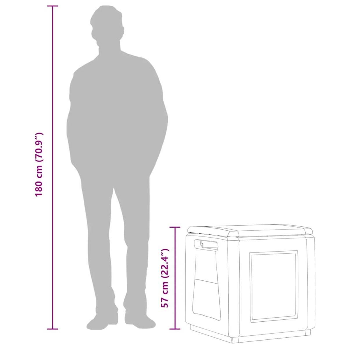 Eine Silhouette einer Person steht neben einer weißen Kiste. Abmessungen: Person 180 cm, Kiste 57 cm. Messungen sind angegeben.