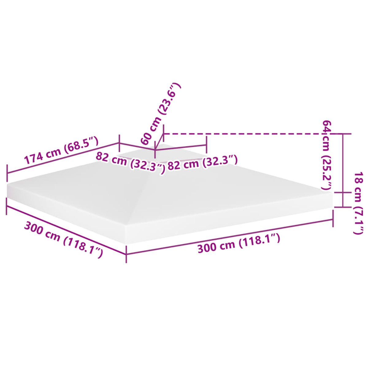 Un objeto rectangular blanco con dimensiones etiquetadas, incluyendo 300cm x 300cm, 174cm, 64cm y 18cm. Líneas y texto morados.