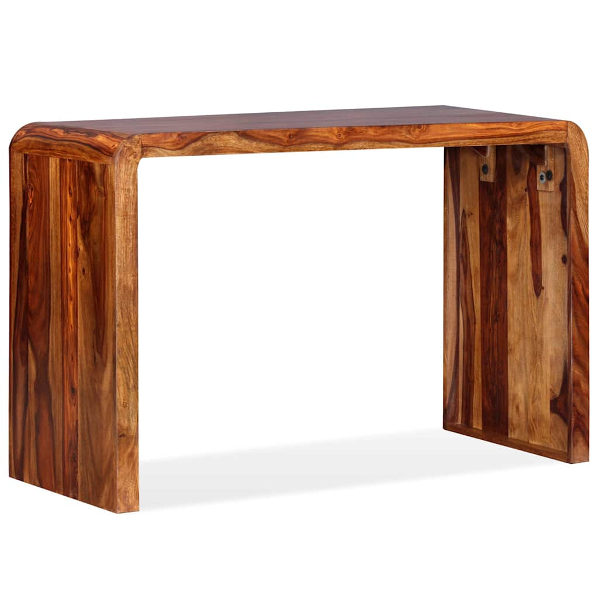 Ein Holzkonsolentisch mit geschwungenem Design. Der Tisch hat eine braune, natürliche Holzmaserung und steht vor weißem Hintergrund.