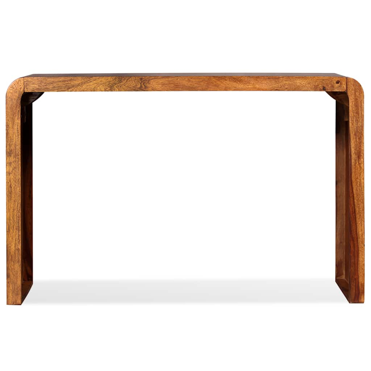Ein Holztisch mit gebogener Oberseite und Beinen, vor weißem Hintergrund.