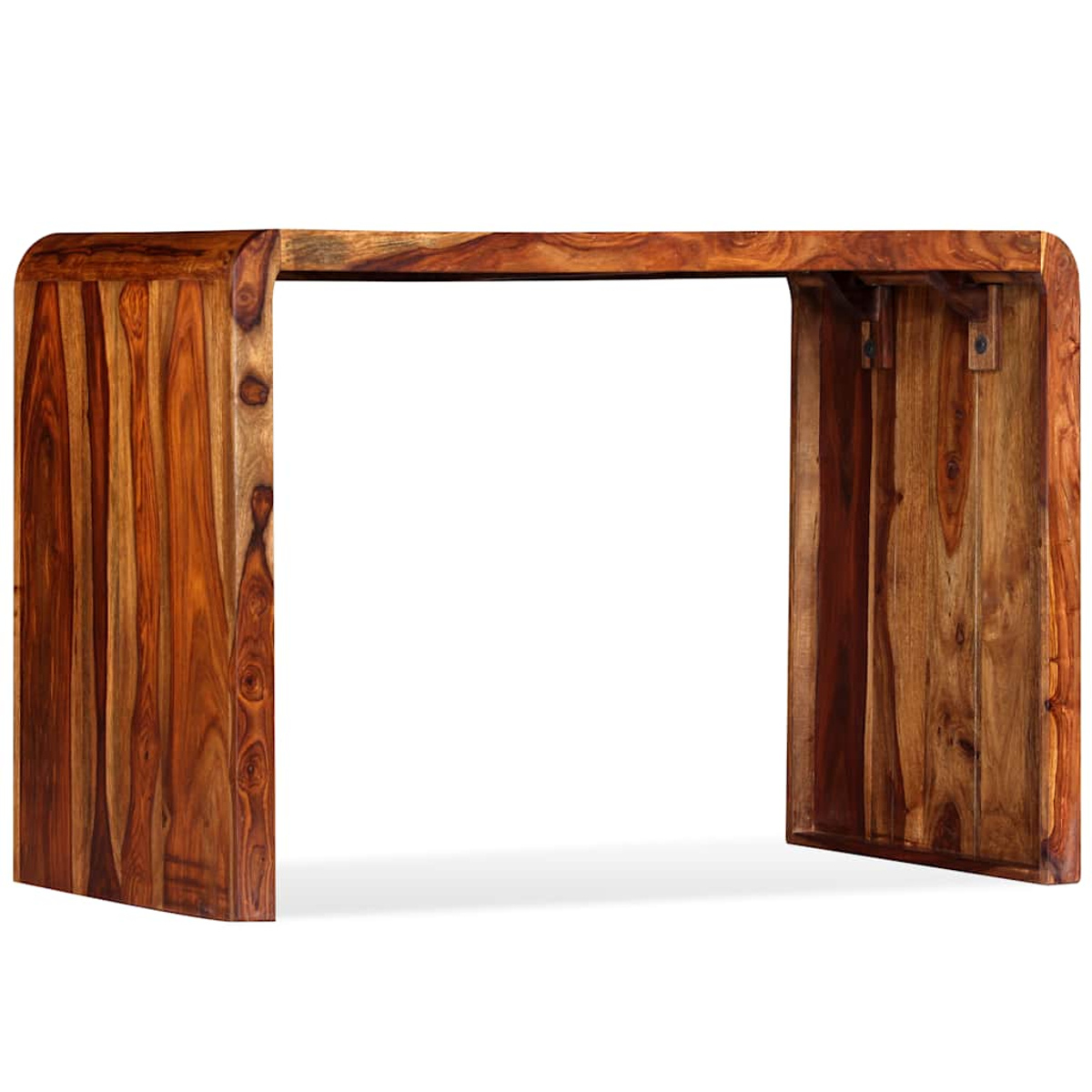 Holz-Konsolentisch. Der Tisch ist braun mit einem natürlichen Holzmaserungsmuster. Das Design ist einfach und modern.