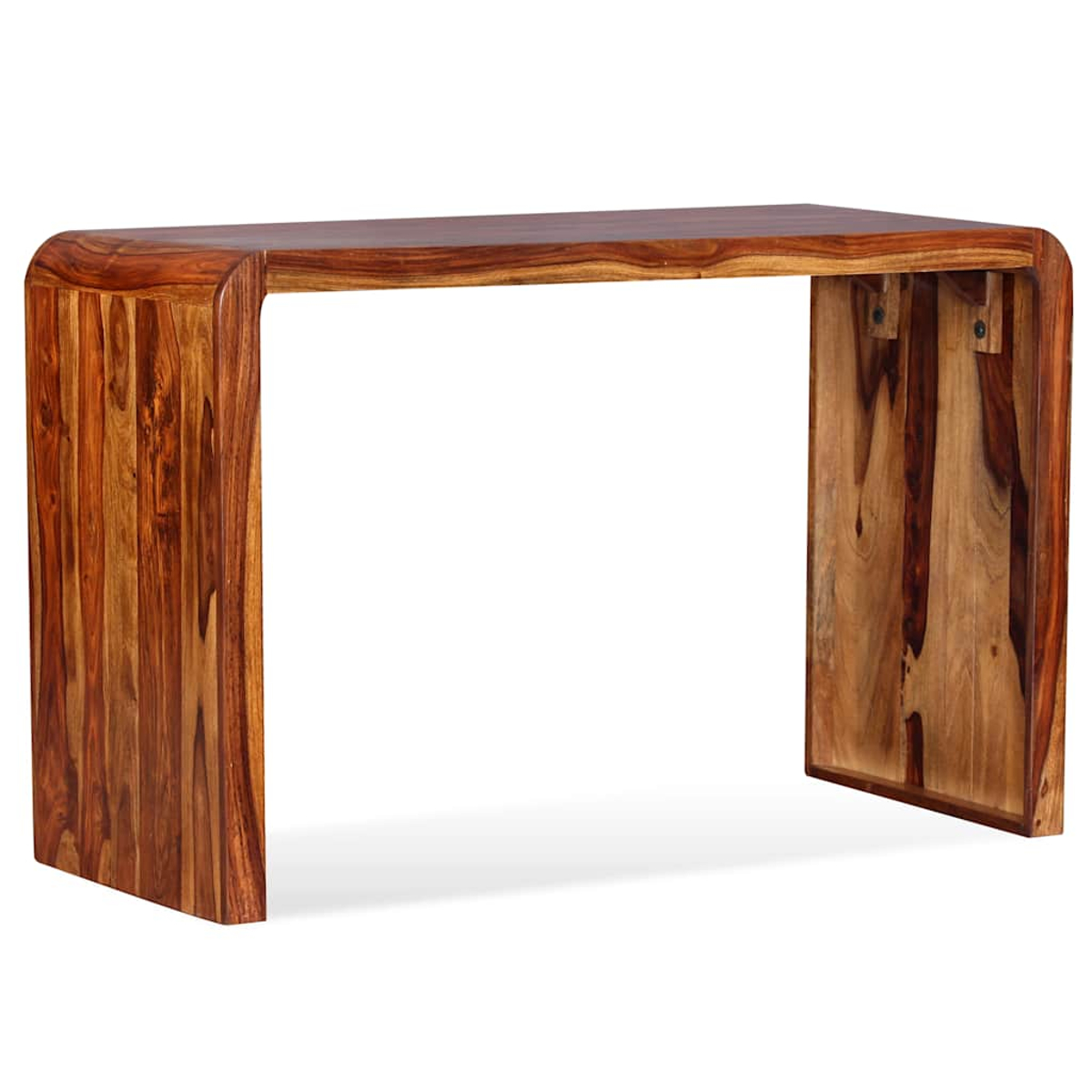 Ein Holzkonsolentisch mit einer dunkelbraunen, rechteckigen Platte und abgerundeten Ecken. Er hat zwei dicke Holzbeine mit natürlicher Maserung.