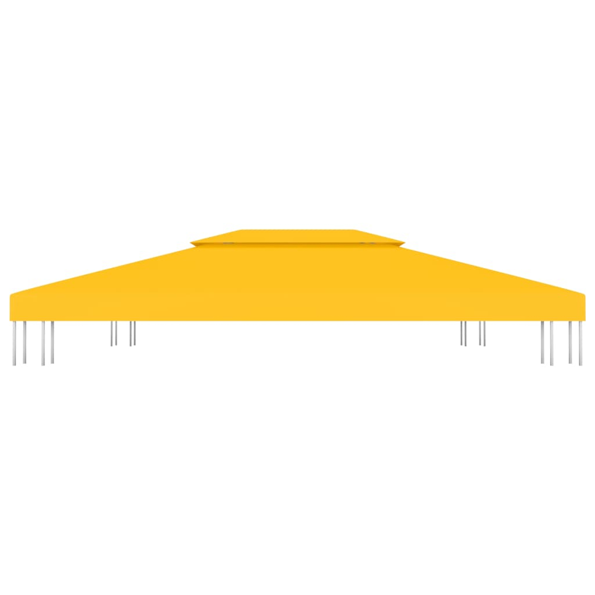 Un tetto giallo per gazebo con pilastri di supporto argentati su sfondo bianco. Il tetto ha un design a gradini.