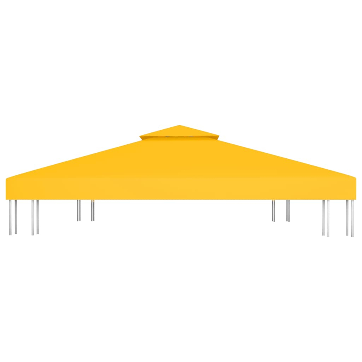 Un tetto di gazebo giallo con una cima a piramide. Il tetto è sostenuto da diversi pali argentati. Lo sfondo è bianco.