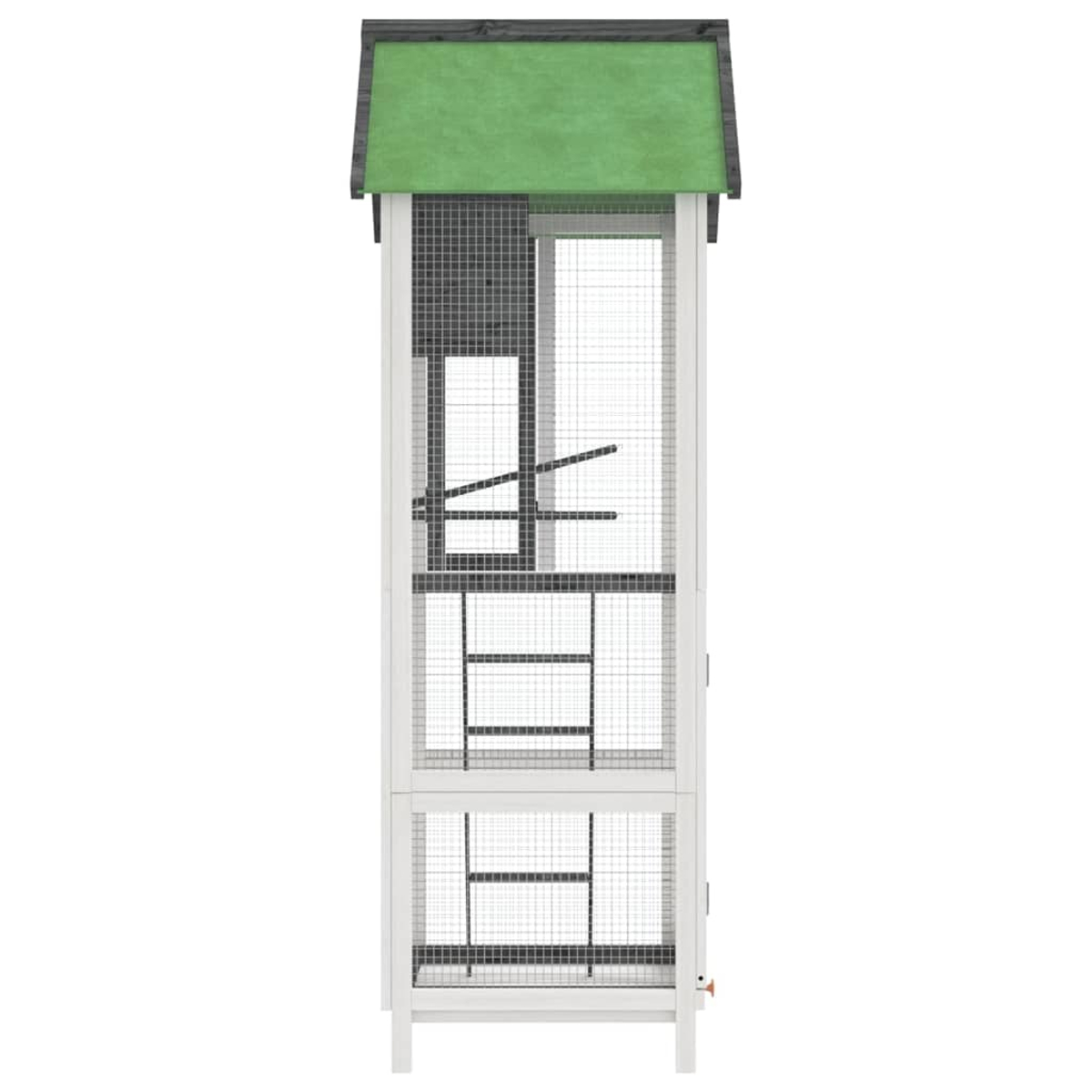 Ein hoher Vogelkäfig mit grünem Dach und weißem Rahmen. Es hat Seiten aus Drahtgeflecht und Innenstangen, geeignet für Vögel.