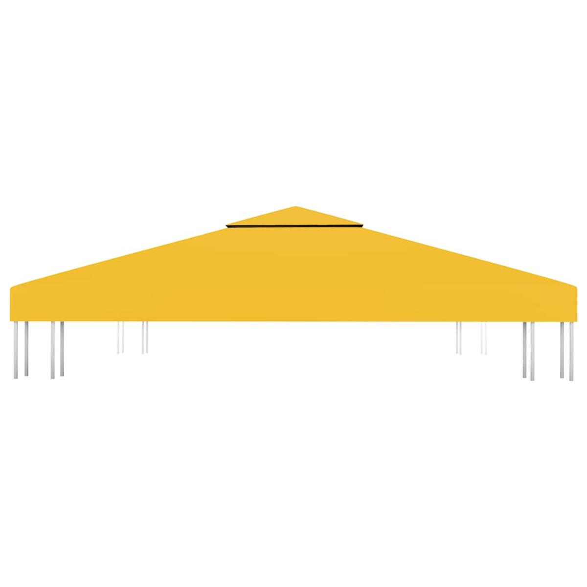 Un gazebo giallo con tetto triangolare. Il tetto ha un bordo nero ed è sostenuto da pali bianchi. Lo sfondo è bianco.