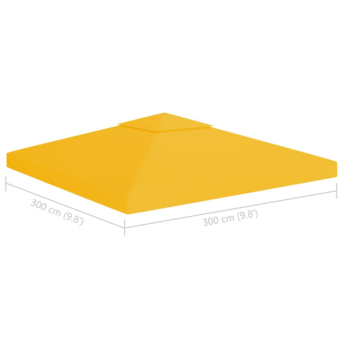 Un tetto di gazebo giallo con dimensioni di 300 cm (9,8'). Il tetto ha una forma quadrata e una parte superiore piramidale.