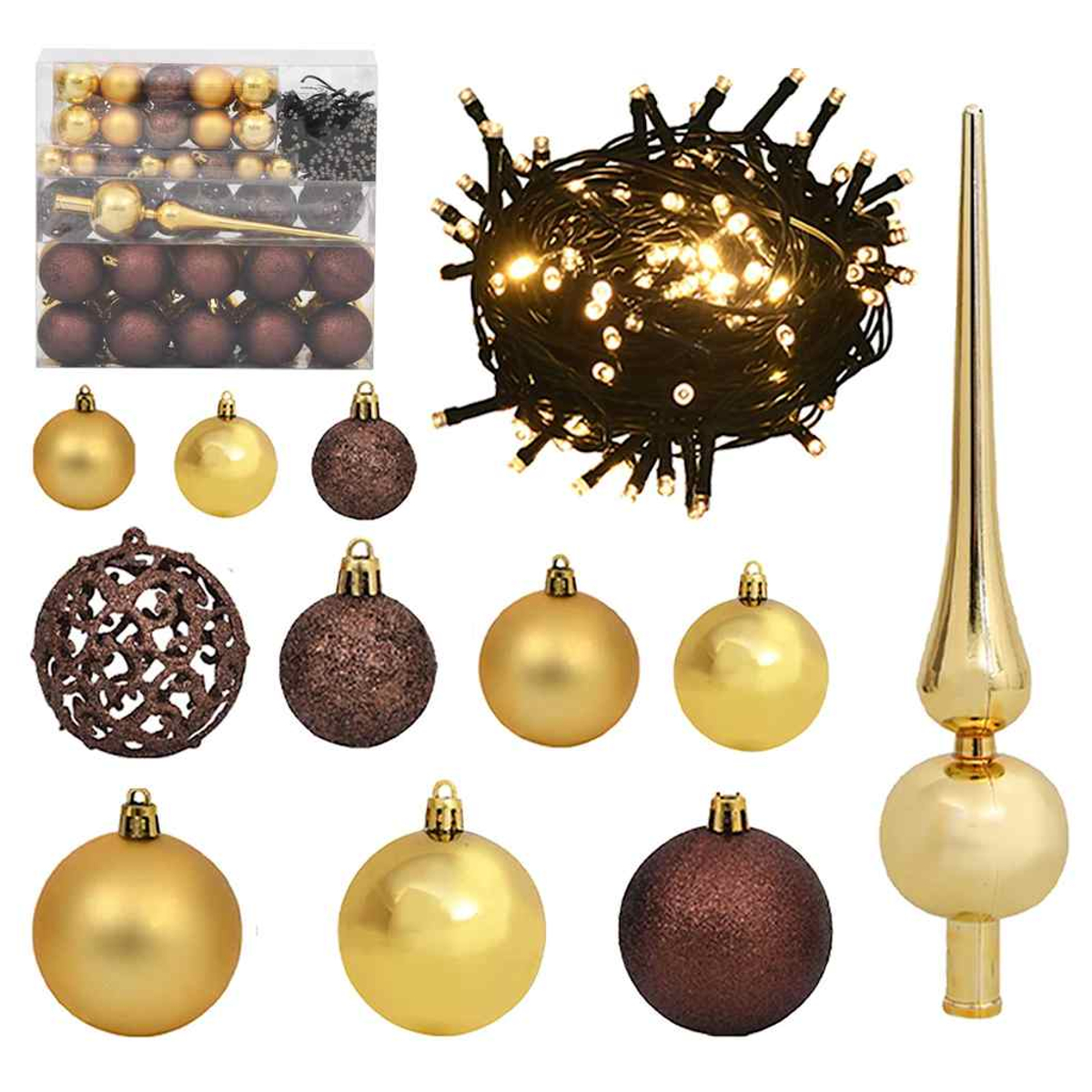 Verschiedene Weihnachtsschmuck und Lichter werden gezeigt, darunter goldene und braune Kugeln, eine Baumspitze und eine Lichterkette.