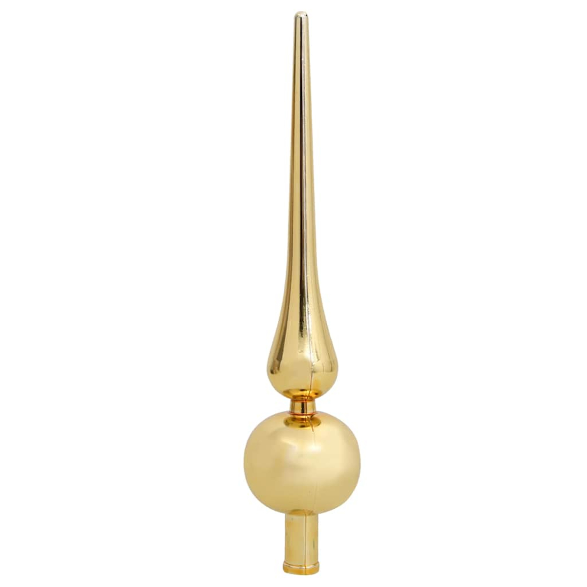 Ein goldener Weihnachtsbaumaufsatz. Er hat eine lange, spitze Spitze, einen birnenförmigen Abschnitt, eine runde Kugel und einen zylindrischen Sockel.