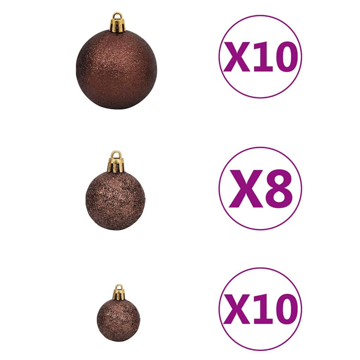 Drei braune Weihnachtskugeln mit goldenen Kappen, begleitet von lila Kreisen mit Mengen: X10, X8 und X10, auf weißem Hintergrund.