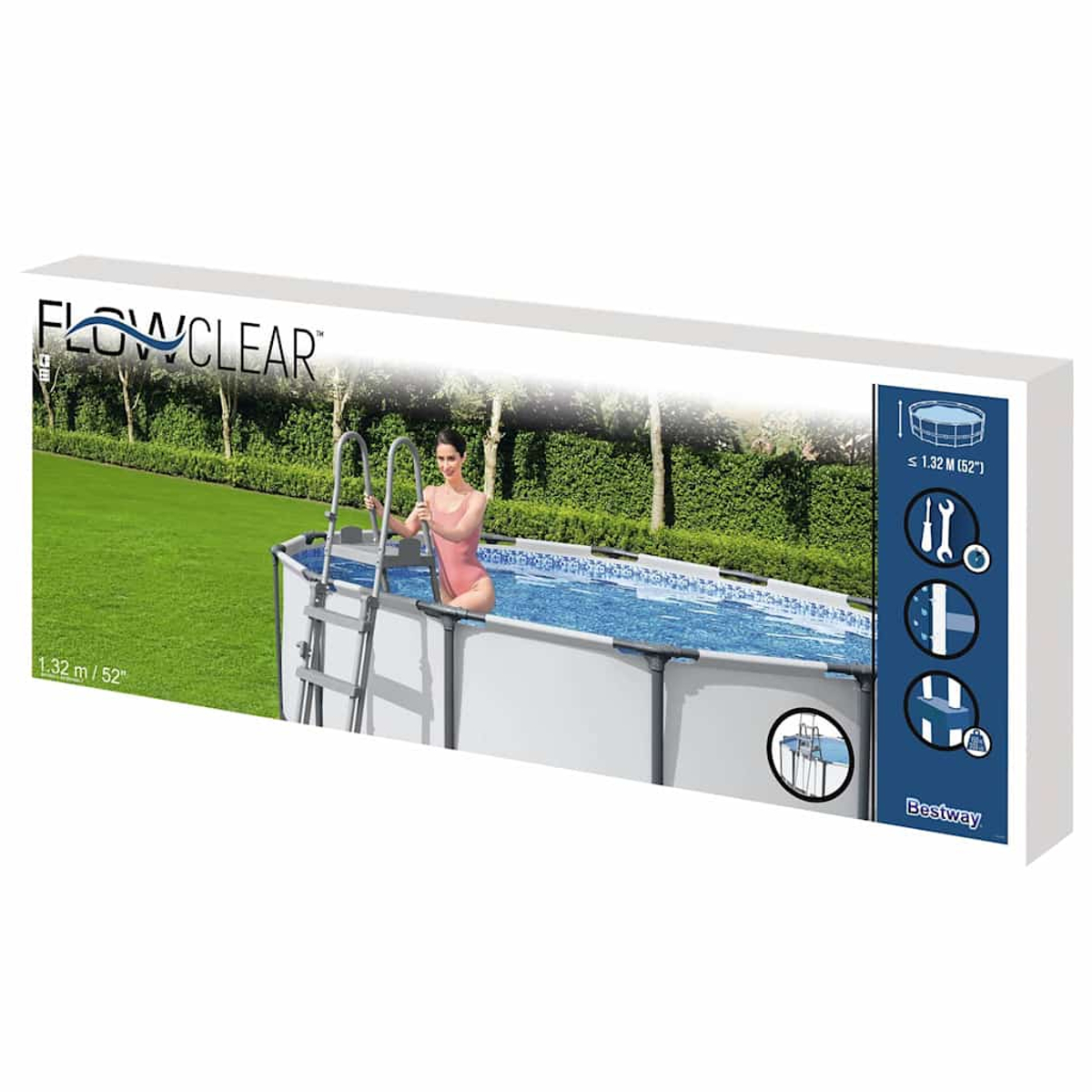 Eine Frau in pinkfarbenem Badeanzug ist in einem Pool, die Box zeigt den Pool mit einer Leiter. Grünes Gras und Bäume sind im Hintergrund.