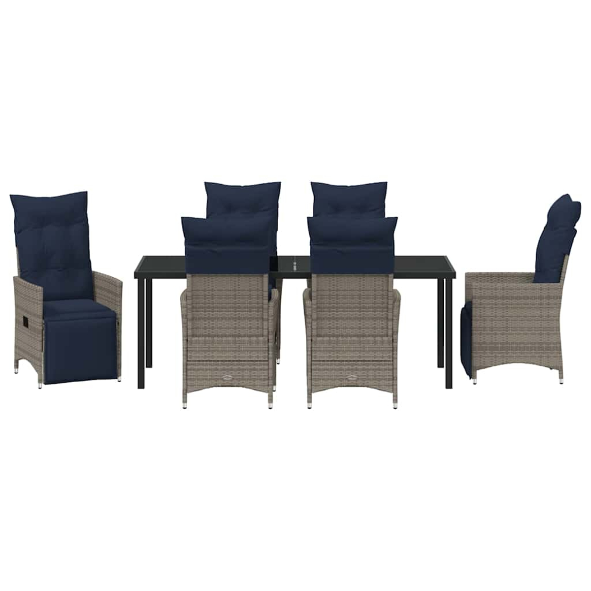 Outdoor-Essgruppe. Enthält einen schwarzen Tisch, graue Webstühle mit marineblauen Kissen. Stühle sind um den Tisch herum angeordnet.