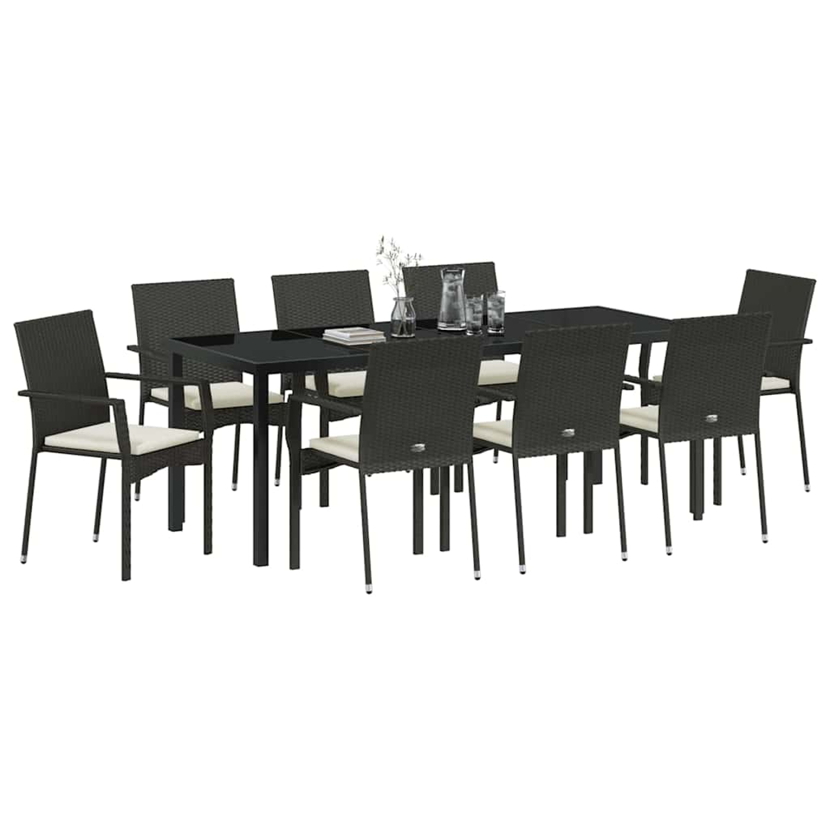 Una mesa rectangular negra rodeada de ocho sillas. Cada silla tiene respaldo tejido y cojín color crema.