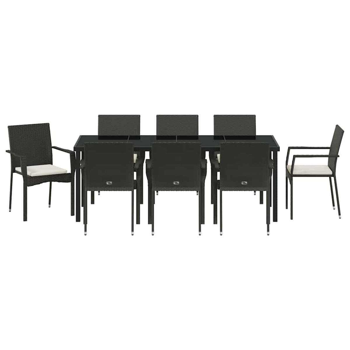 Una mesa rectangular negra con seis sillas negras y dos sillones. Los sillones tienen cojines blancos.