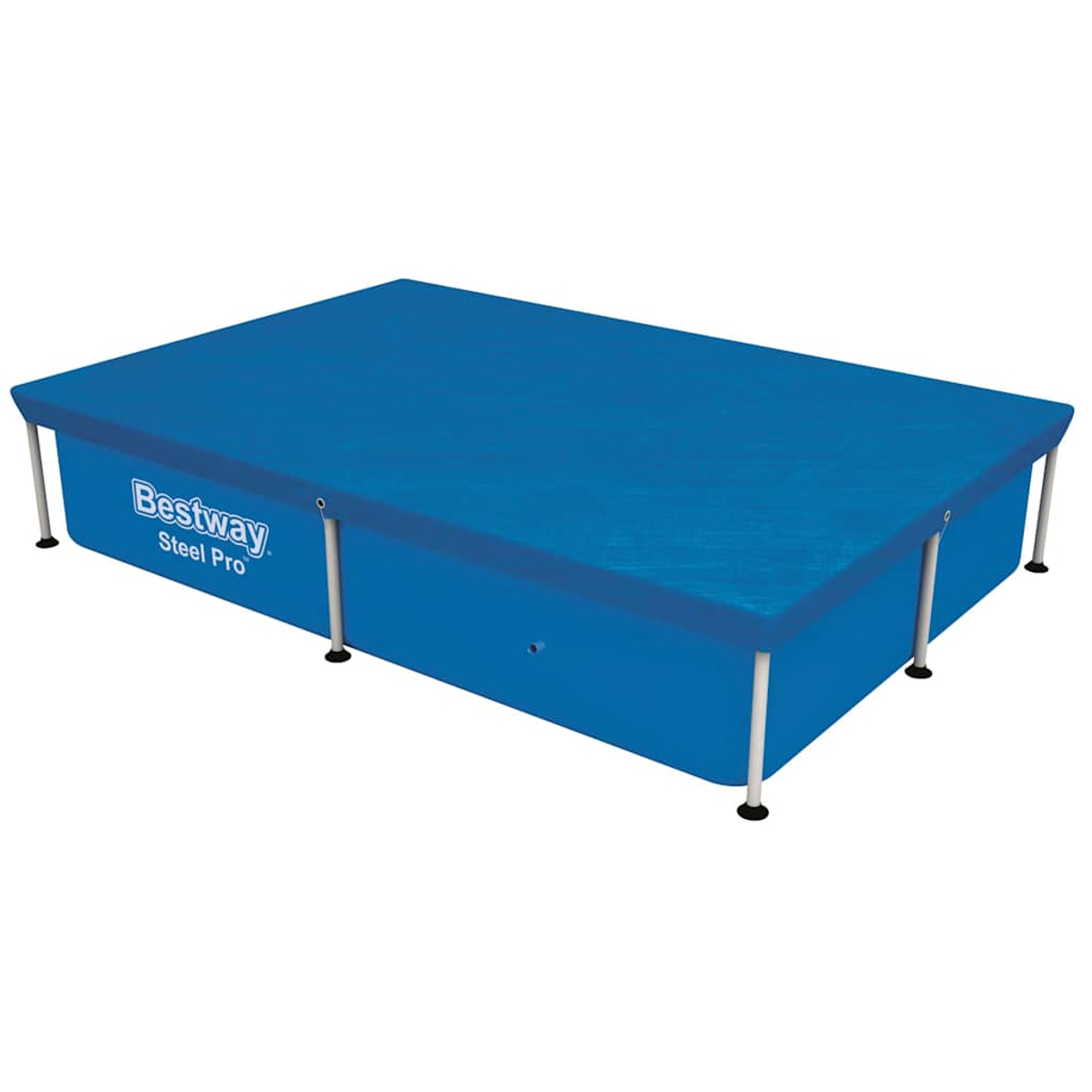 Ein rechteckiger Pool mit blauer Abdeckung. Der Pool hat einen Metallrahmen und das Bestway-Logo.