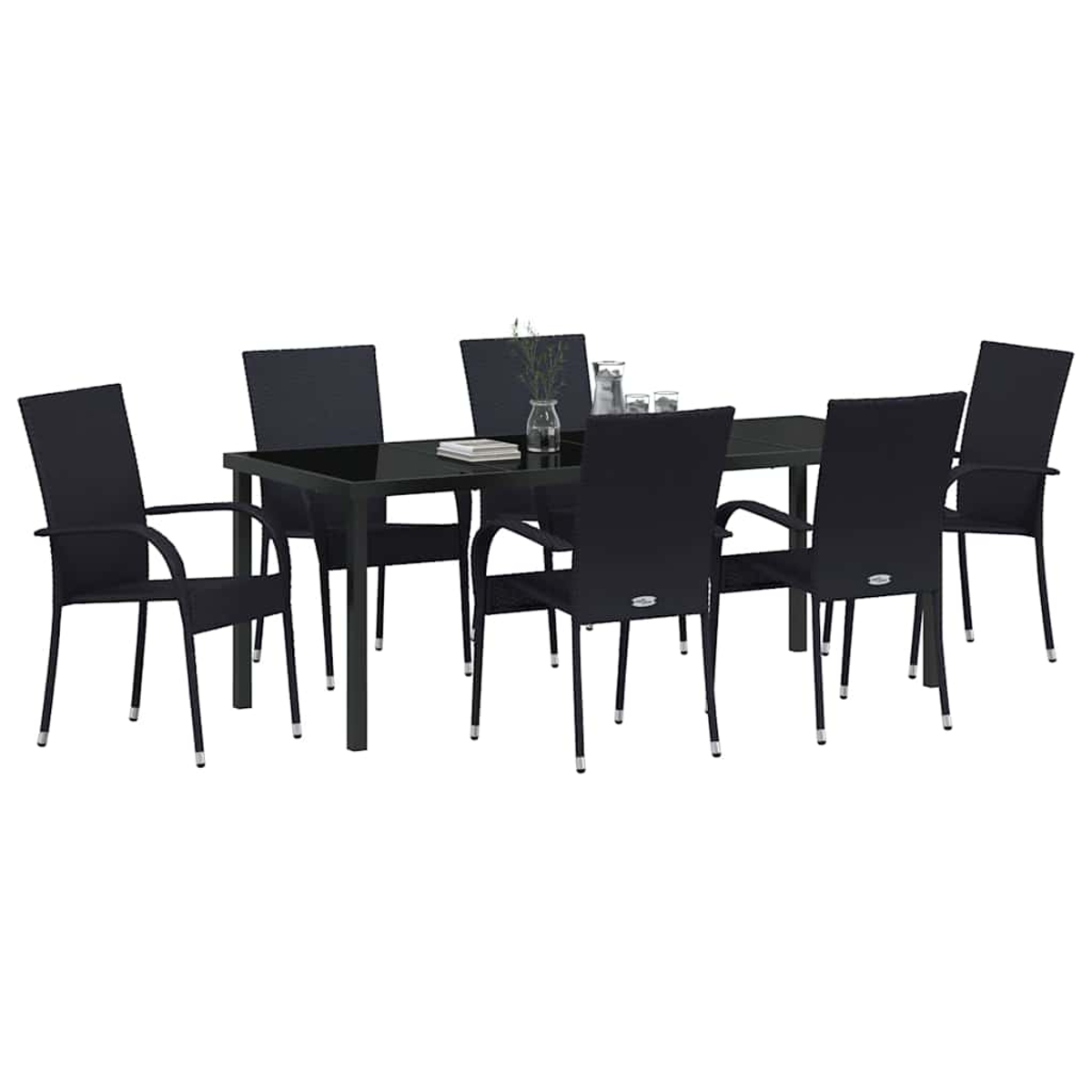 Ein schwarzes Esszimmer-Set mit einem rechteckigen Tisch und sechs Stühlen ist auf weißem Hintergrund isoliert.