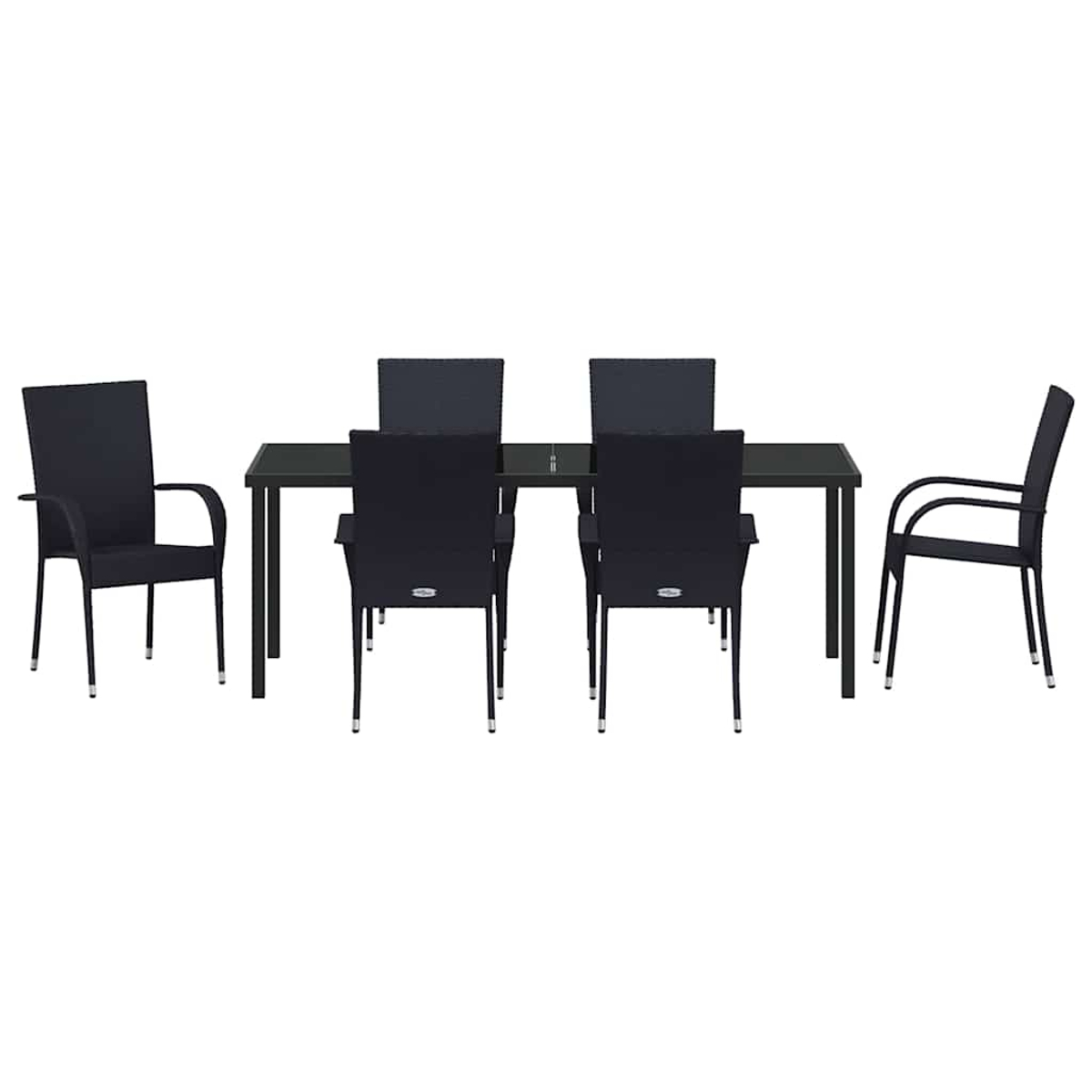 Ein schwarzes Esszimmer-Set vor weißem Hintergrund. Es umfasst einen rechteckigen Tisch und sechs Stühle. Der Tisch hat eine dunkle Glasplatte.
