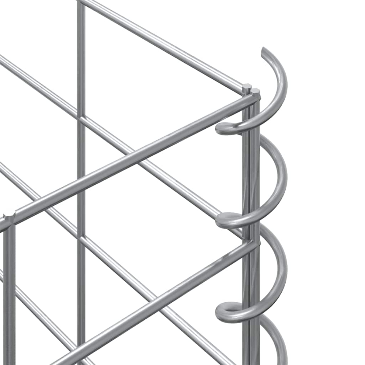 Nahaufnahme einer Metallstruktur. Sie hat ein gitterartiges Muster mit gebogenen, spiralförmigen Elementen auf der rechten Seite. Der Hintergrund ist weiß.